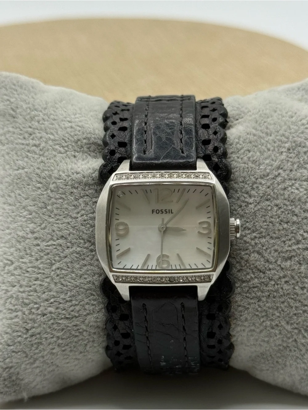 Fossil Black Leather Strap Silver Crystal-Trim Watch